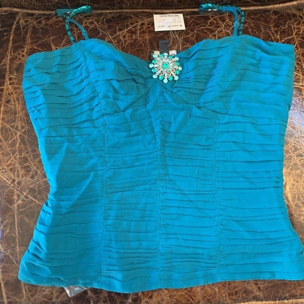 Vintage Y2K Bebe Teal Silk Pleated Cami Top Jeweled Brooch NWT Small - Picture 8 of 8